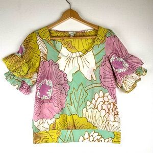Odille Anthropologie Silk Floral Blouse Puff Ruffle Sleeve Office